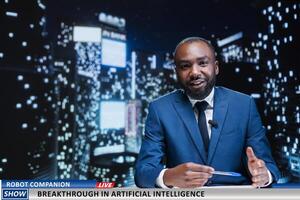 Night show host discusses AI improvement, addressing breakthrough in artificial intelligence experiments for advanced technology. Journalist presenting live high tech studies. photo