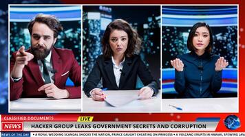 Reporters reveal classified documents shared by hackers exposing government secrets, expert show host debating national issue with guests live on tv program. Journalists talking about fraud. photo