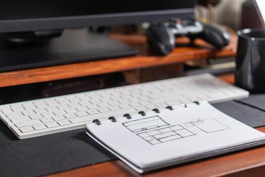 Modern Workspace Featuring Computer, Sketch Pad, and Game Controller photo