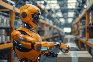 Robot at work in the factory. Warehouse working on production line. . photo