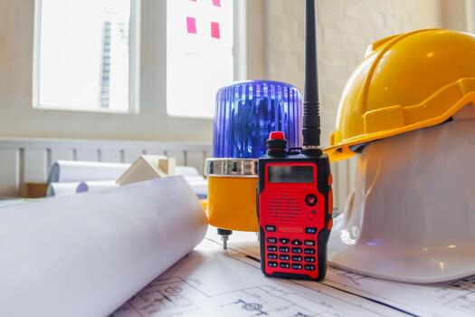 Work equipment placed on desk in office of team of engineers and architects design large construction project to meet needs of investors and check feasibility of project by an architect with expertise photo