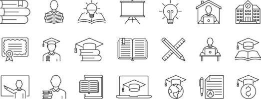 Education simple thin line icons. E-learning, tutorial, distance learning, and audio courses collection. Academy, school, college, student. illustration. vector