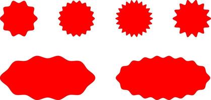 Starburst red sticker set - collection of special offer sale round and oval sunburst labels and buttons isolated on white background. Promo stickers with star edges vector