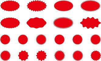 Starburst red sticker set - collection of special offer sale round and oval sunburst labels and buttons isolated on white background. Promo stickers with star edges vector