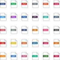 List of Document File Types and Extensions. Set of pdf, doc, jpg, xls, zip. Graphic templates for ui. Common Types of File Formats. Web file labels icon set. illustration. vector