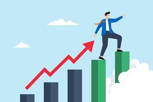 Flat illustration of businessman steps on rising graph looking for next goal and motivating for future success vector