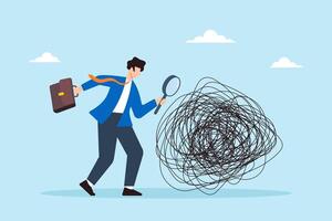 Flat illustration of businessman analyzes mess line with magnifying glass searching for root causes and solutions vector
