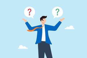 Flat illustration of businessman listens to second opinion making decision based on advice and reasoning vector