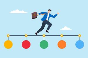 Flat illustration of businessman runs along project timeline marking milestones on strategic journey to success vector