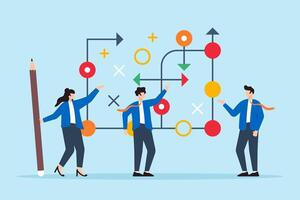 Flat illustration of business team plans for success with tactic chart strategy to overcome obstacles and achieve goals vector