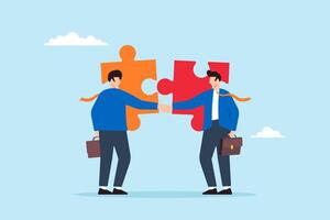 Flat illustration of businessman shakes hands connecting jigsaw pieces symbolizing partnership and cooperation vector
