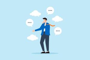 Flat illustration of businessman contemplates with multiple thinking bubbles feeling overwhelmed by various ideas and issues vector