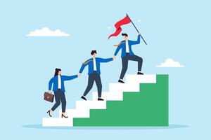 Flat illustration of business people team up and hold hands to help each other climb staircase to success vector