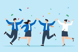 Flat illustration of diverse office workers jump to celebrate work achievement together representing joy and success vector