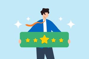 Flat illustration of adult customer holds 5 stars rating representing positive client feedback and customer satisfaction vector