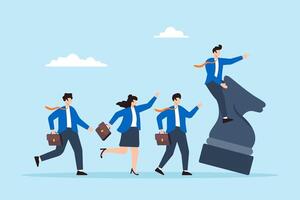 Flat illustration of businessman rides chess knight leading team with courage and confidence towards business victory vector