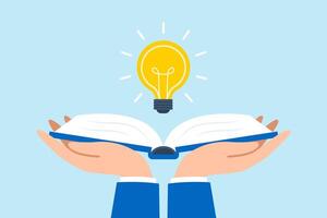 Flat illustration of hand holds open book to discover lightbulb idea representing knowledge and learning for inspiration vector