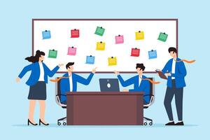 Flat illustration of business people brainstorm and discuss ideas in workshop meeting room with sticky notes vector