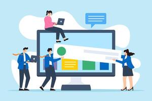 Flat illustration of business people carry web banner creating website on computer screen vector