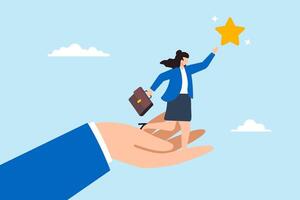 Flat illustration of businesswoman reaches for star with help of supporting hand symbolizing empowerment vector