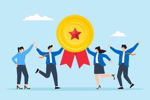 Flat illustration of business people celebrate achievement of high quality badge symbolizing teamwork and high performance vector