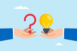 Flat illustration of businessman hands hold question mark and lightbulb reply symbolizing solving problems through questions and answers vector
