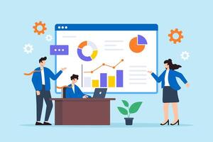 Flat illustration of business people examine market data chart and graph conducting marketing research for product launch vector