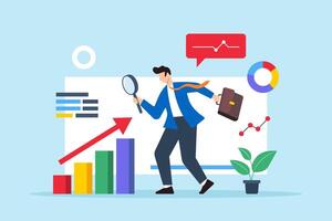 Flat illustration of businessman uses magnifying glass to analyze charts and graphs in research report vector