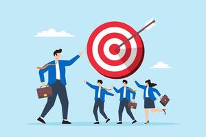 Flat illustration of businessman points arrow at bullseye target leading colleagues towards company goals vector
