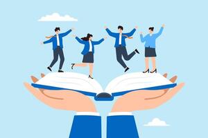 Flat illustration of businessman holds employee handbook providing onboarding procedures to new hires for company success vector