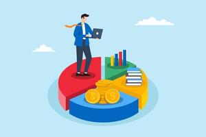 Flat illustration of businessman works on laptop analyzing pie chart for asset allocation and financial diversification vector
