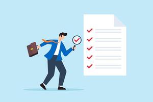 Flat illustration of businessman with magnifier inspects document check quality assurance and research for proof vector