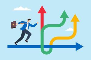 Flat illustration of businessman runs towards different arrow pathways making career decisions for future growth and success vector