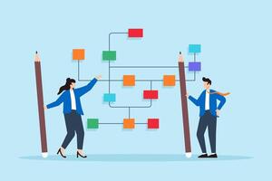 Flat illustration of business people draw workflow diagram designing model to improve business process solutions vector
