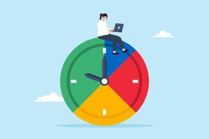 Flat illustration of businesswoman works with laptop on split time clock managing part-time job vector