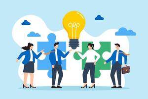 Flat illustration of business people connect lightbulb jigsaw puzzle brainstorming solutions through teamwork vector