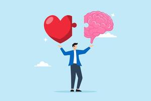 Flat illustration of man connecting heart emotion with logical thinking brain representing emotional intelligence vector