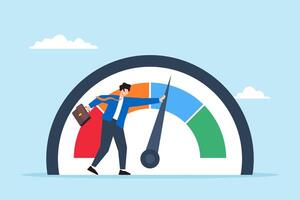 Flat illustration of businessman pushing performance gauge increasing skill levels and customer satisfaction vector