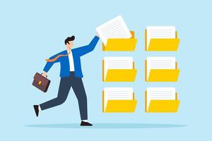 Flat illustration of businessman organizes documents into archive folders illustrating file management and administrative work vector