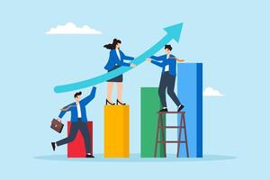 Flat illustration of business people team help build growth graph chart representing teamwork for business growth vector