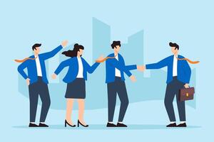 Flat illustration of businessman manager welcomes new staff with handshake introducing them to colleagues on their first day vector