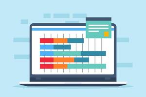 Flat illustration of computer laptop displays gantt chart assisting in planning for software development and project management vector