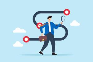 Flat illustration of businessman analyzes career path with magnifying glass searching for opportunities and making decisions vector