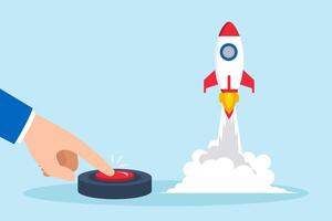 Flat illustration of businessman hand pushes start button to launch rocket representing initiation of new startup vector