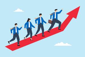 Flat illustration of businessman manager leads team with direction arrow motivating employees to achieve success together vector