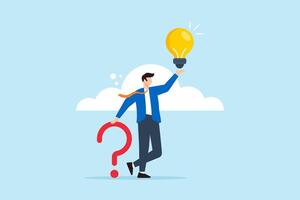 Flat illustration of smart businessman holds question mark sign alongside lightbulb representing creative problem-solving ideas vector
