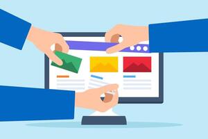 Flat illustration of hands help build website on computer screen with template customization and SEO optimization for search results vector