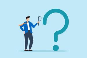 Flat illustration of businessman analyzes question mark with magnifying glass searching for solutions to problems or challenges vector