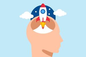 Flat illustration of human head opens with rocket launching symbolizing open-mindedness and innovation vector