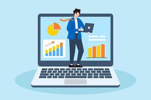 Flat illustration of businessman investor examines financial chart on laptop searching for profit opportunities in data analysis vector